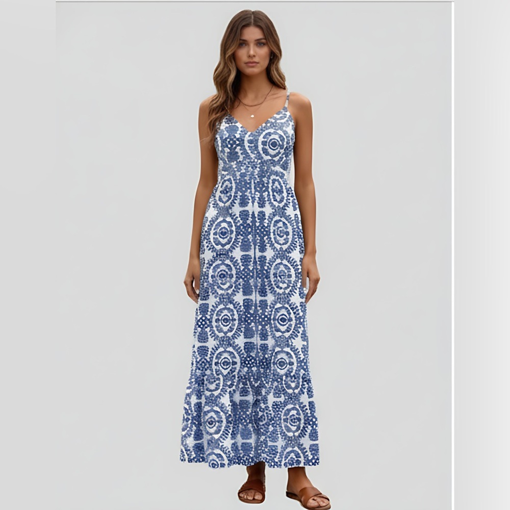 LAST ONE 🔥 Boho Backless Ruffle Hem Maxi Dress Blue